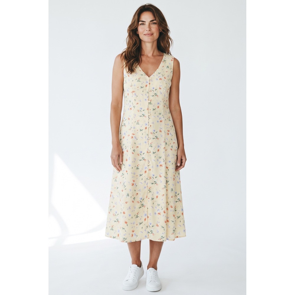 Vintage Russ Yellow Floral Button Front Sleeveless Midi Dress Tie Back Women L